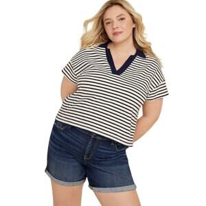 Maurices Cap Sleeve Nautical Polo Shirt Women 2X Navy White Striped Sailor NEW